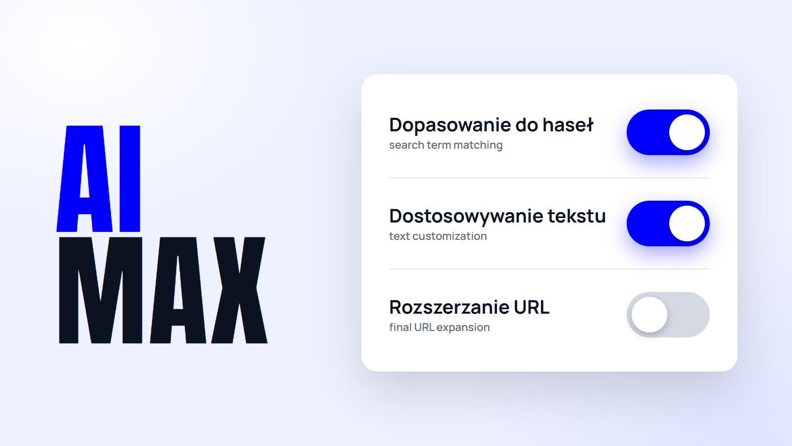Grafika: napis AI MAX i trzy przełączniki ustawień kampanii — dwa włączone na niebiesko, trzeci wyłączony