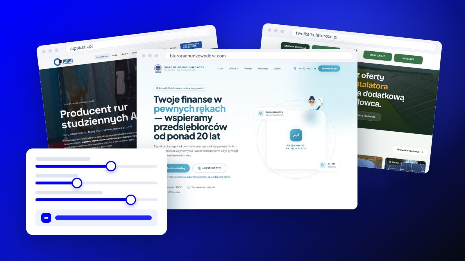 Zrzuty stron alpakats.pl, biurorachunkowedora.com i twojkalkulatoroze.pl w ramkach przeglądarki oraz karta z suwakami kalkulatora