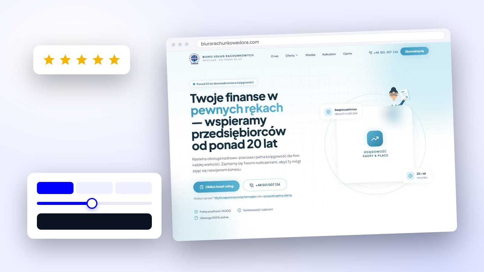 Zrzut strony biurorachunkowedora.com w ramce przeglądarki, obok karta z pięcioma gwiazdkami i karta z przełącznikiem i suwakiem kalkulatora
