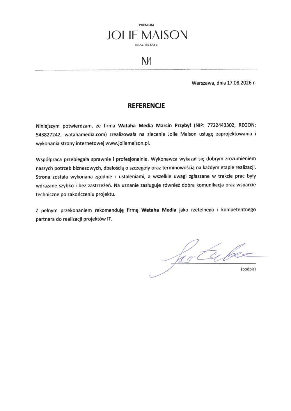 Referencje od Jolie Maison dla Wataha Media — skan dokumentu z podpisem