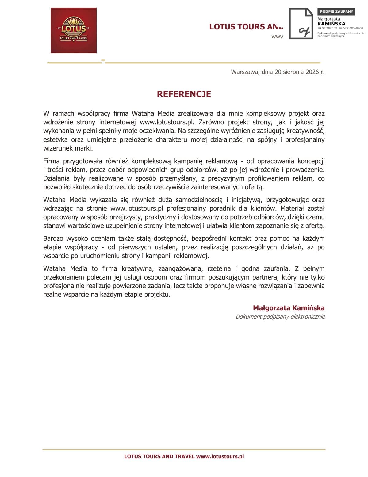 Referencje od Lotus Tours and Travel dla Wataha Media — skan dokumentu z podpisem