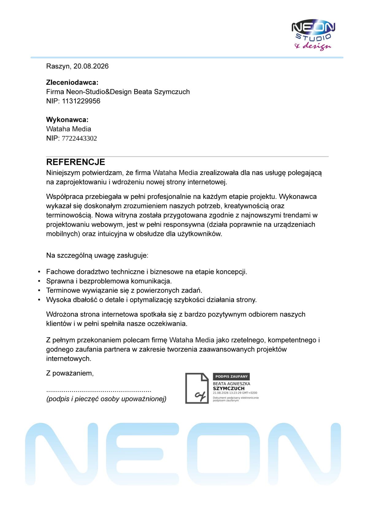 Referencje od Neon-Studio & Design dla Wataha Media — skan dokumentu z podpisem